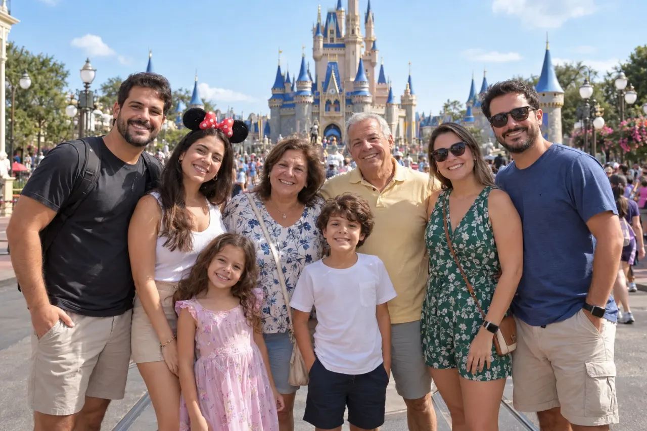 Uma família reunida em frente a um parque temático